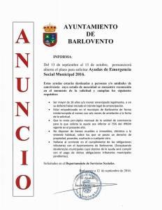 Anuncio. Ayudas de Emergencia Social Municipal Barlovento 2016.