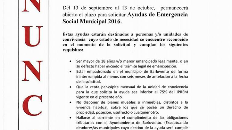 Anuncio. Ayudas de Emergencia Social Municipal Barlovento 2016.