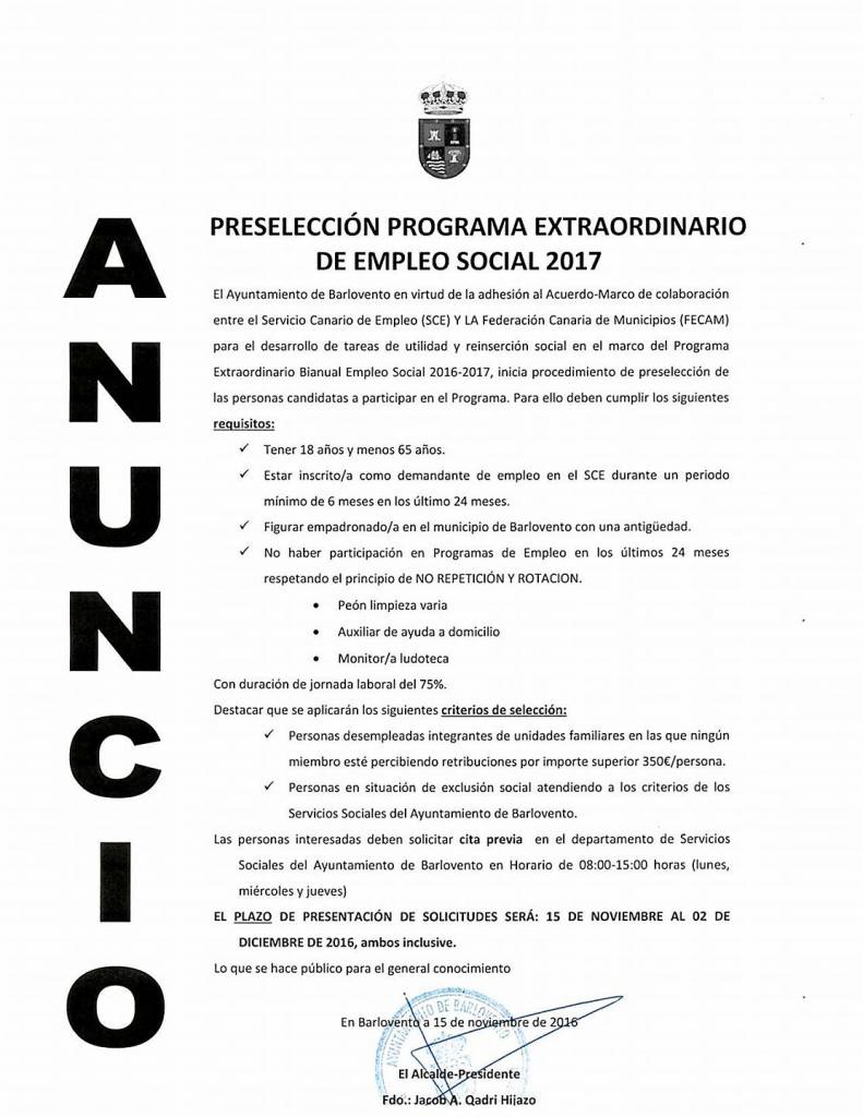 Preselección Programa Extraordinario de Empleo Social 2017 Ayto. Barlovento