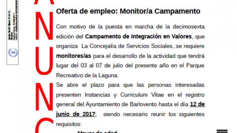 Oferta de empleo: Monitor/a de Campamento para Barlovento