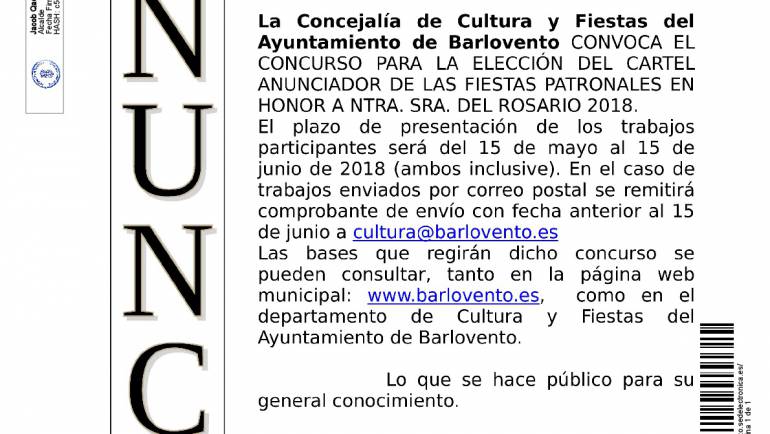 El Ayuntamiento de Barlovento saca a concurso el cartel anunciador de las Fiestas Patronales en honor a Ntra. Sra. del Rosario 2018