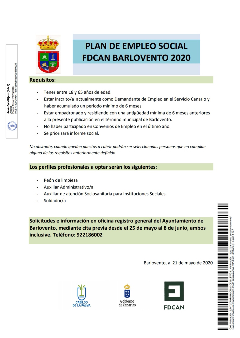 PLAN DE EMPLEO SOCIAL FDCAN BARLOVENTO 2020