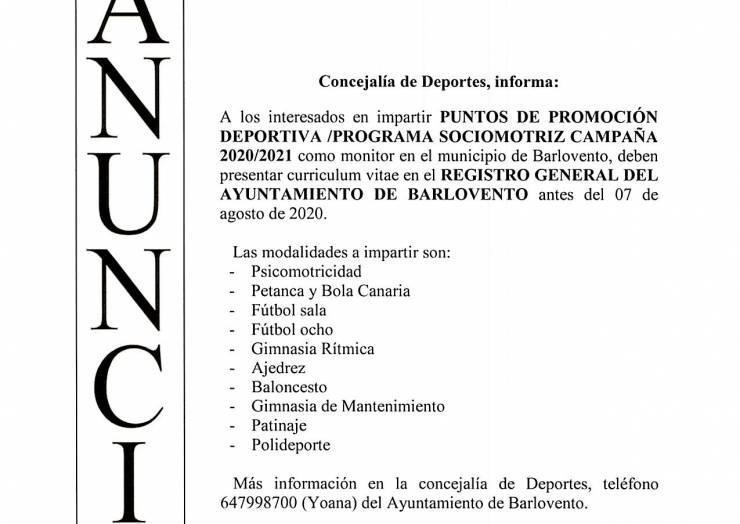 MONITOR PARA PUNTOS DE PROMOCIÓN DEPORTIVA- PROGRAMA SOCIOMOTRIZ CAMPAÑA  2020-2021