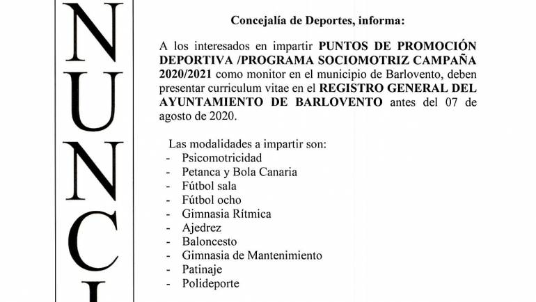 MONITOR PARA PUNTOS DE PROMOCIÓN DEPORTIVA- PROGRAMA SOCIOMOTRIZ CAMPAÑA  2020-2021