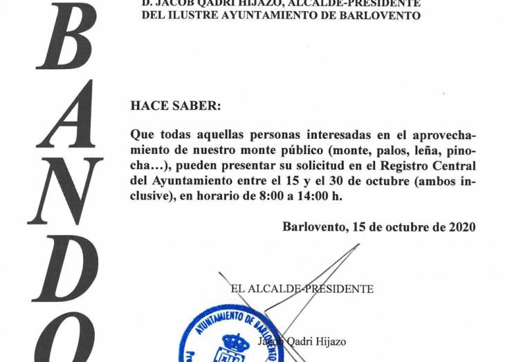 BANDO DE INFORMACIÓN DEL AYUNTAMIENTO DE BARLOVENTO SOBRE MONTE PÚBLICO