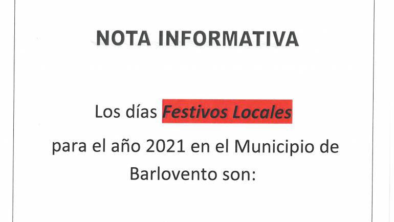 NOTA INFORMATIVA DE FESTIVOS LOCALES EN EL MUNICIPIO DE BARLOVENTO