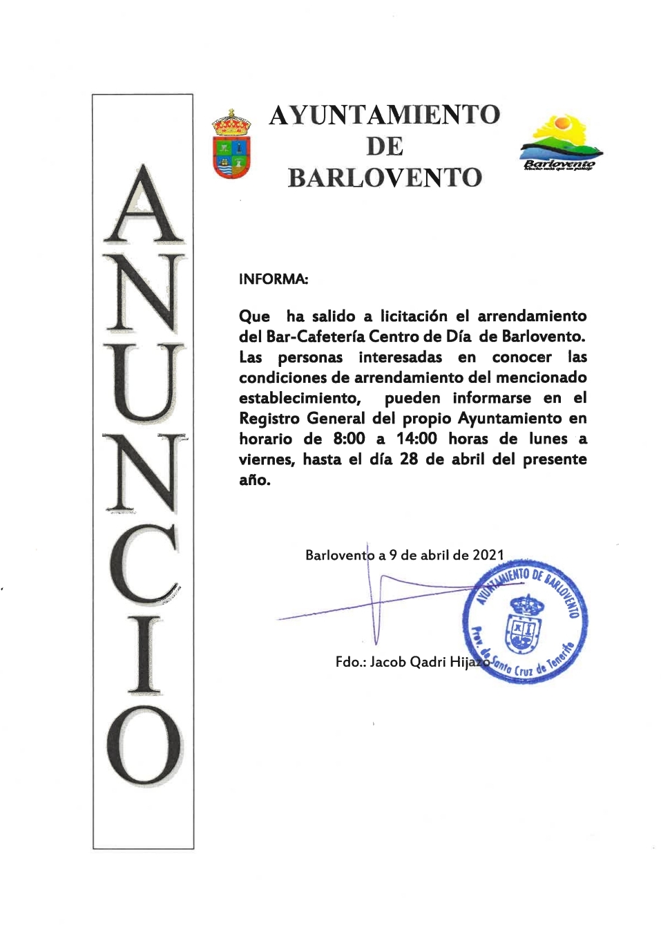 LICITACIÓN DE ARRENDAMIENTO DEL BAR- CAFETERÍA CENTRO DE DÍA DE BARLOVENTO