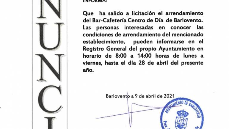 LICITACIÓN DE ARRENDAMIENTO DEL BAR- CAFETERÍA CENTRO DE DÍA DE BARLOVENTO