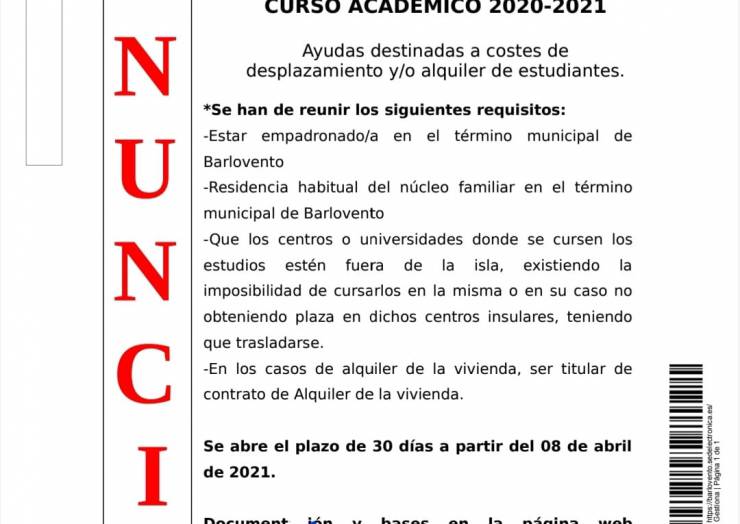 CONVOCATORIA DE AYUDAS A ESTUDIANTES CURSO ACADÉMICO 2020-2021