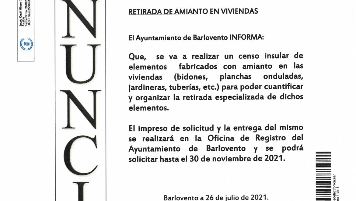AYUNTAMIENTO DE BARLOVENTO INFORMA: RETIRADA DE AMIANTO EN VIVIENDAS