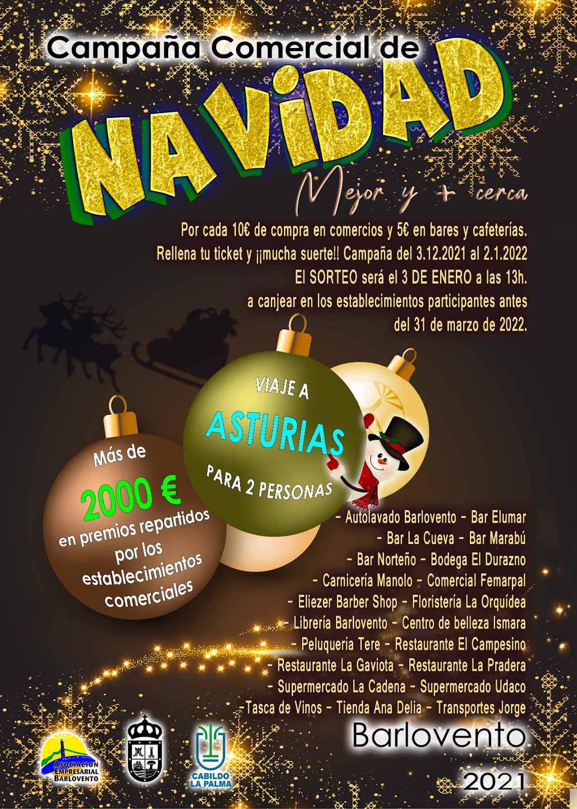 Barlovento inicia la Campaña Comercial de Navidad con 2.100€ en premios y un viaje a Asturias para dos personas