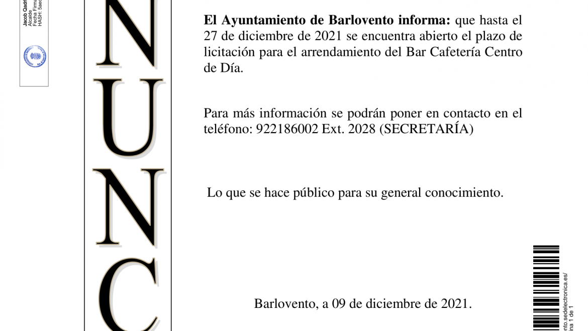 Abierto el plazo de licitación para el arrendamiento del BAR CAFETERÍA  CENTRO DE DÍA - Ayuntamiento de Barlovento · La Palma · Islas Canarias