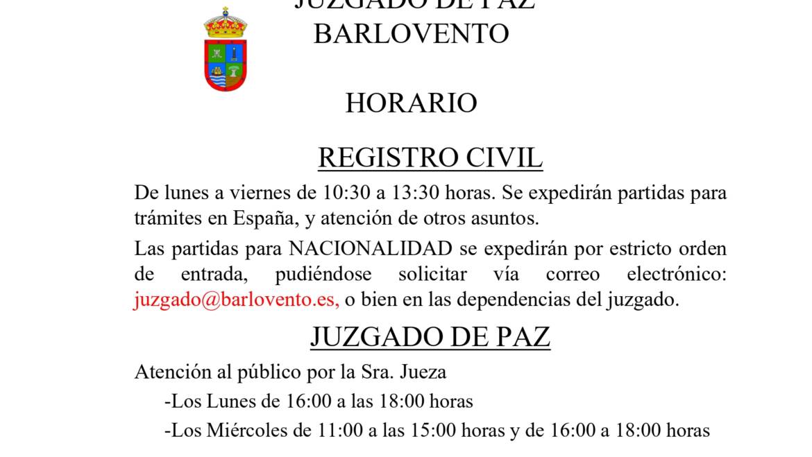 HORARIO DEL JUZGADO DE PAZ Y REGISTRO CIVIL DE BARLOVENTO