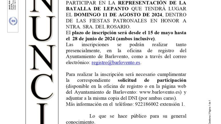 Plazo de inscripción para participar en la representación de la Batalla de Lepanto el domingo 11 de agosto de 2024 en las Fiestas Patronales.