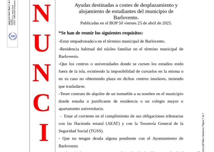 CONVOCATORIA DE AYUDAS A ESTUDIANTES QUE RESIDAN O HAYAN RESIDIDO  FUERA DE LA ISLA EN EL CURSO ACADÉMICO 2024-2025.