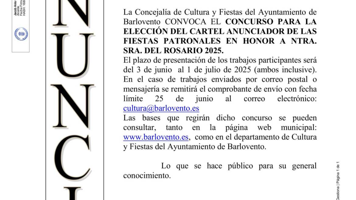 CONCURSO PARA LA ELECCIÓN DEL CARTEL ANUNCIADOR DE LAS FIESTAS PATRONALES EN HONOR NTRA. SRA. DEL ROSARIO 2025