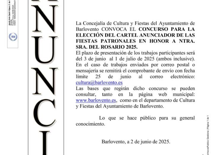 CONCURSO PARA LA ELECCIÓN DEL CARTEL ANUNCIADOR DE LAS FIESTAS PATRONALES EN HONOR NTRA. SRA. DEL ROSARIO 2025