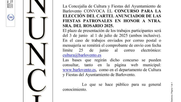 CONCURSO PARA LA ELECCIÓN DEL CARTEL ANUNCIADOR DE LAS FIESTAS PATRONALES EN HONOR NTRA. SRA. DEL ROSARIO 2025