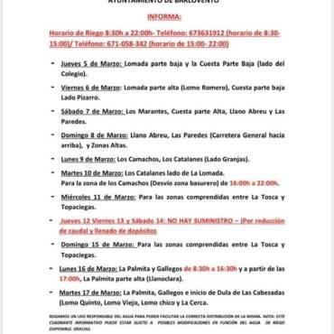 CUADRANTE INFORMATIVO DEL AGUA DE RIEGO DEL 05 DE MARZO AL 17 DE MARZO 2026