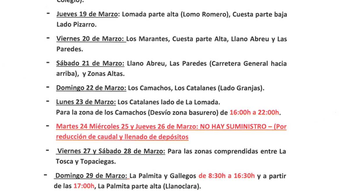 CUADRANTE INFORMATIVO DEL AGUA DE RIEGO DEL 18 DE MARZO AL 30 DE MARZO 2026