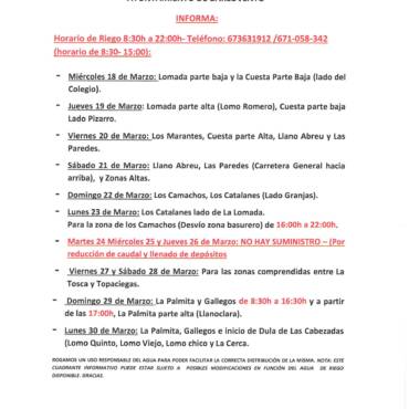 CUADRANTE INFORMATIVO DEL AGUA DE RIEGO DEL 18 DE MARZO AL 30 DE MARZO 2026