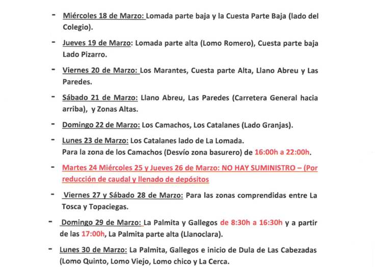 CUADRANTE INFORMATIVO DEL AGUA DE RIEGO DEL 18 DE MARZO AL 30 DE MARZO 2026