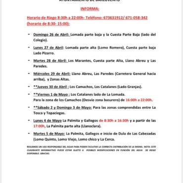 Cuadrante informativo del agua de riego del 26 de abril hasta el 05 de mayo de 2026