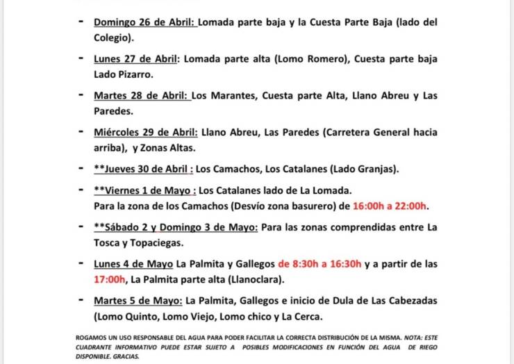 Cuadrante informativo del agua de riego del 26 de abril hasta el 05 de mayo de 2026