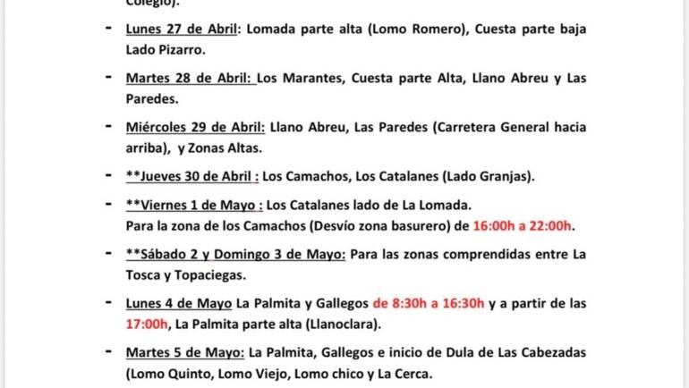 Cuadrante informativo del agua de riego del 26 de abril hasta el 05 de mayo de 2026