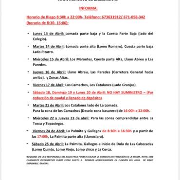 Cuadrante informativo del agua de riego del 13 de abril al 25 de abril 2026