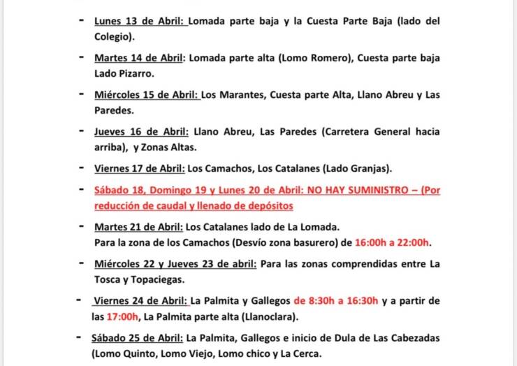 Cuadrante informativo del agua de riego del 13 de abril al 25 de abril 2026