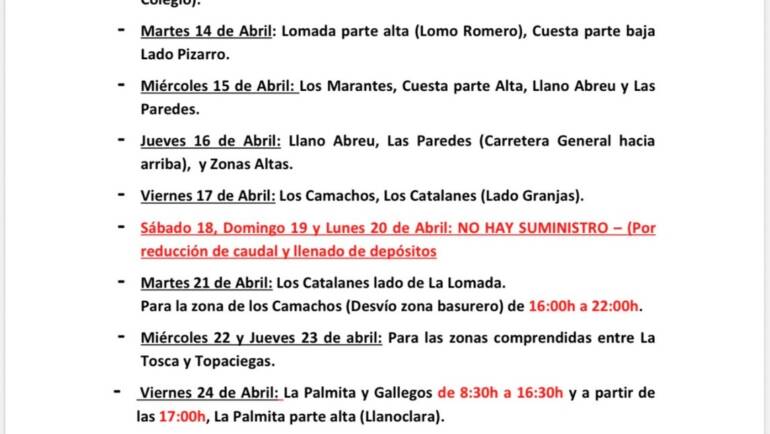Cuadrante informativo del agua de riego del 13 de abril al 25 de abril 2026