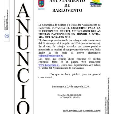 CONCURSO PARA LA ELECCIÓN DEL CARTEL ANUNCIADOR DE LAS FIESTAS PATRONALES EN HONOR A NTRA. SRA. DEL ROSARIO 2026