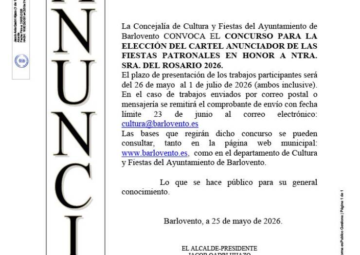CONCURSO PARA LA ELECCIÓN DEL CARTEL ANUNCIADOR DE LAS FIESTAS PATRONALES EN HONOR A NTRA. SRA. DEL ROSARIO 2026