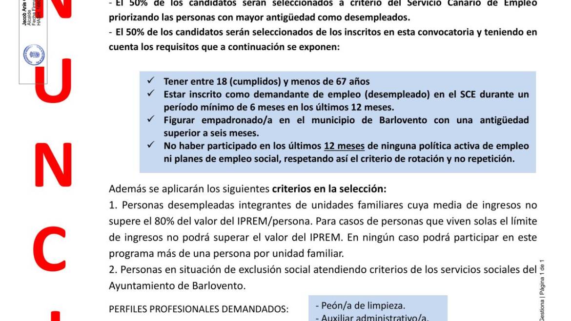 PRESELECCIÓN PROGRAMA DE EMPLEO SOCIAL (PES) BARLOVENTO 2025-2026.