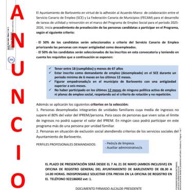 PRESELECCIÓN PROGRAMA DE EMPLEO SOCIAL (PES) BARLOVENTO 2025-2026.