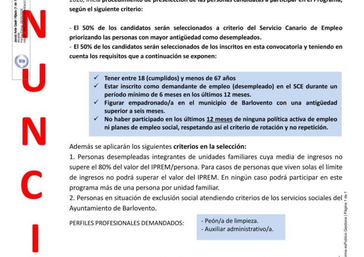 PRESELECCIÓN PROGRAMA DE EMPLEO SOCIAL (PES) BARLOVENTO 2025-2026.
