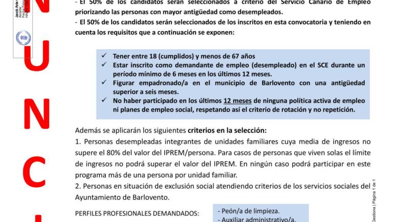 PRESELECCIÓN PROGRAMA DE EMPLEO SOCIAL (PES) BARLOVENTO 2025-2026.