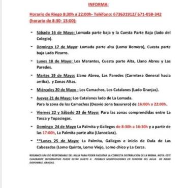 Cuadrante informativo del agua de riego del 16 de mayo hasta el 25 de mayo del 2026.