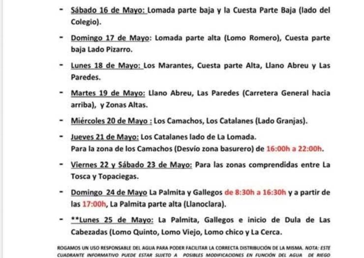 Cuadrante informativo del agua de riego del 16 de mayo hasta el 25 de mayo del 2026.