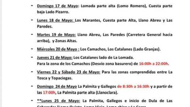 Cuadrante informativo del agua de riego del 16 de mayo hasta el 25 de mayo del 2026.