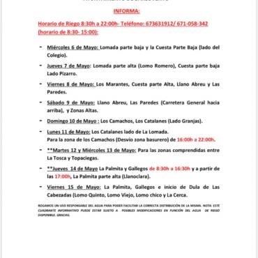 Cuadrante informativo del agua de riego del 06 de mayo hasta el 14 de mayo del 2026