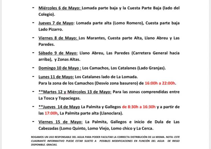 Cuadrante informativo del agua de riego del 06 de mayo hasta el 14 de mayo del 2026