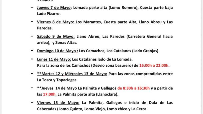 Cuadrante informativo del agua de riego del 06 de mayo hasta el 14 de mayo del 2026