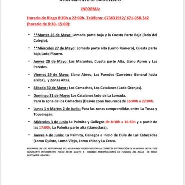 Cuadrante informativo del agua de riego del 26 de mayo hasta el 04 de junio del 2026.