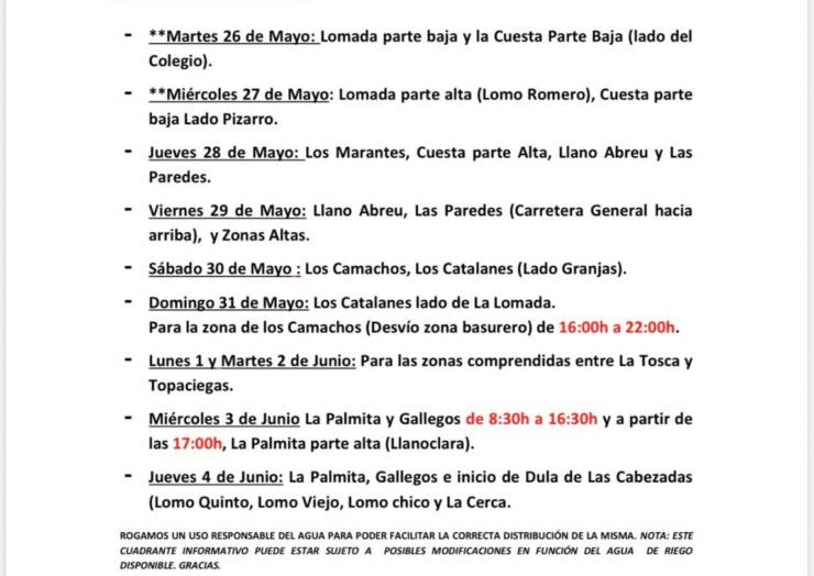 Cuadrante informativo del agua de riego del 26 de mayo hasta el 04 de junio del 2026.
