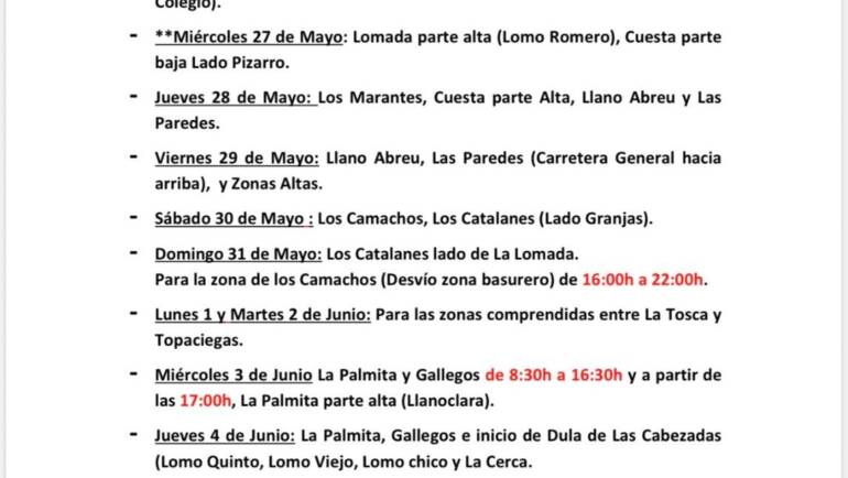 Cuadrante informativo del agua de riego del 26 de mayo hasta el 04 de junio del 2026.