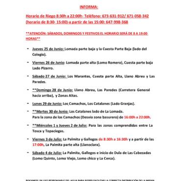 CUADRANTE INFORMATIVO DEL AGUA DE RIEGO DEL  JUEVES 25 DE JUNIO AL SÁBADO  04 DE JULIO.