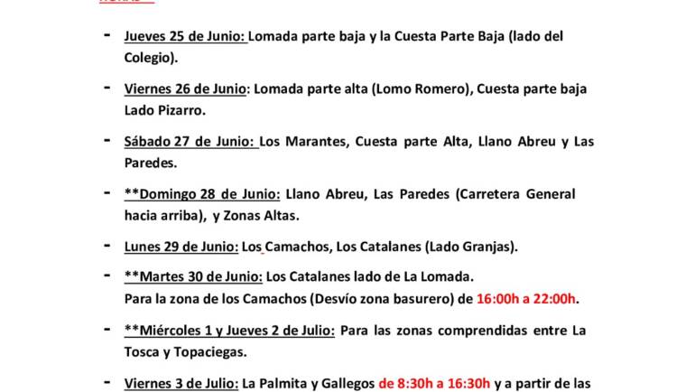 CUADRANTE INFORMATIVO DEL AGUA DE RIEGO DEL  JUEVES 25 DE JUNIO AL SÁBADO  04 DE JULIO.