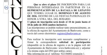 INSCRIPCIÓN PARA LAS PERSONAS INTERESADAS EN PARTICIPAR EN LA REPRESENTACIÓN DE LA BATALLA DE LEPANTO QUE TENDRÁ LUGAR EL DOMINGO 9 DE AGOSTO DE 2026.
